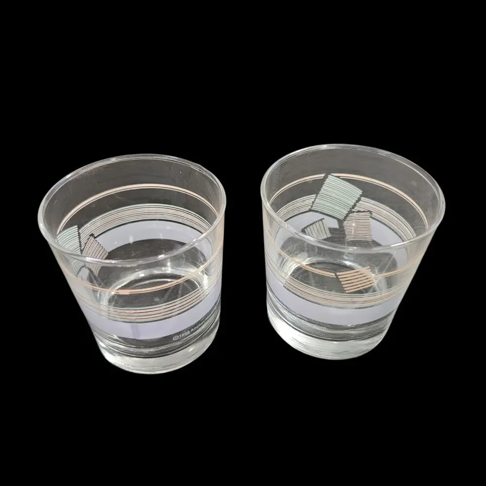Vintage Anchor Hocking Geometric Stripe Rocks Glasses Set of 2 1988 Retro Barwar